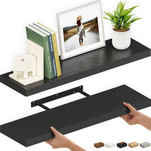 Ballucci Floating Shelves for Wall, 36" Wood Wall Shelf Set of 2, with Invisible Brackets for Bathroom, Living Room, Bedroom, Kitchen, Nursery, 8" Deep, Black by Ballucci