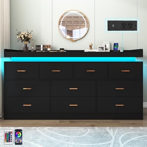 Hlivelood 10 Drawer Dresser with LED Light and Charging Station, Modern Chest of Drawers for Closet, Wide Drawer Organizer Cabinet, Living Room, Entryway, Hallway, Black - Image 4