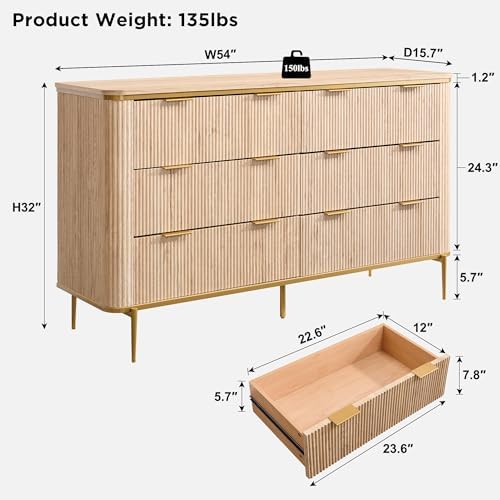 T4TREAM 6-Drawer Dresser Fluted Design, with Gold Accents (Natural Oak) - Image 2