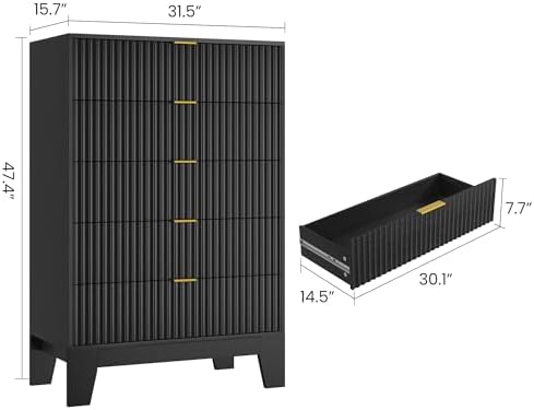 5 Drawer Dresser for Bedroom, 47" Tall Fluted Chest of Drawers, Black - Image 2
