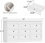 wanan 9 Drawer Dresser for Bedroom, White Modern 59'' Wide Wood Chest of Drawers, Dresser TV Stand, Storage Organizer with Metal Handles for Living Room, Hallway, Entryway - Image 2
