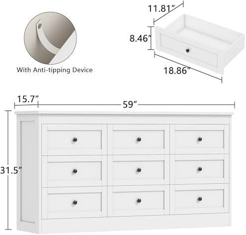 wanan 9 Drawer Dresser for Bedroom, White Modern 59'' Wide Wood Chest of Drawers, Dresser TV Stand, Storage Organizer with Metal Handles for Living Room, Hallway, Entryway - Image 2