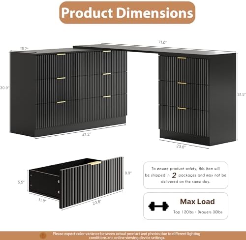MAISONARIA L-Shaped Rotatable 9 Drawer Dresser for Bedroom, 71" Wide Deformable Black Dresser with Gold Metal Handles, Modern Fluted Chest of Drawers for Bedroom, Living Room, Entryway, Hallway - Image 2