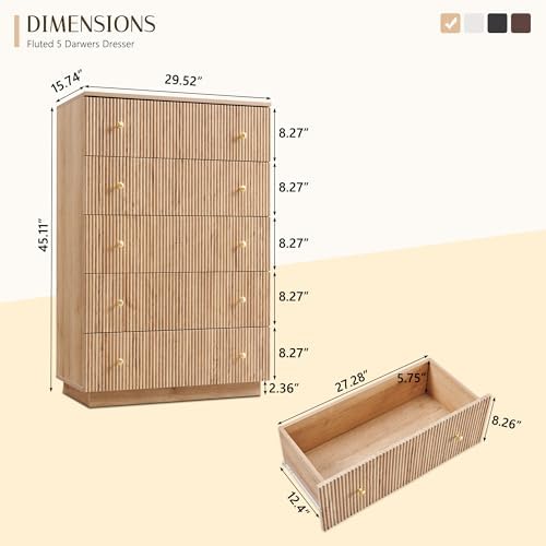 Fluted 5 Drawers Dresser for Bedroom, 45" Tall Modern Dressers & Chest of Drawers with Metal Handle, Wood Closet Clothes Storage Organizer,Storage Dressers Organizer for Hally/Living Room, Natural - Image 2
