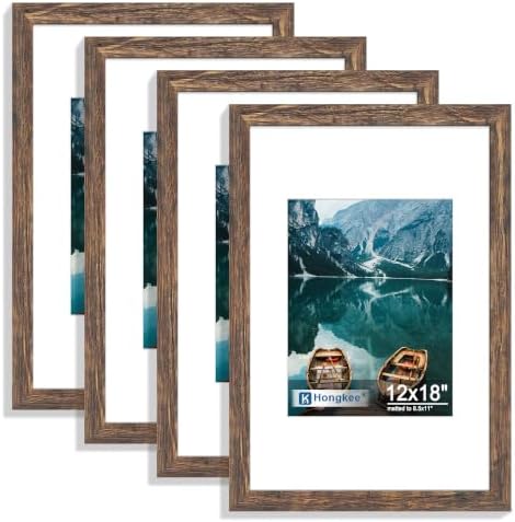 Hongkee 12x18 Picture Frame Set of 4, 12 x 18 Rustic Brown Wood(Mat 8.5x11) by Hongkee