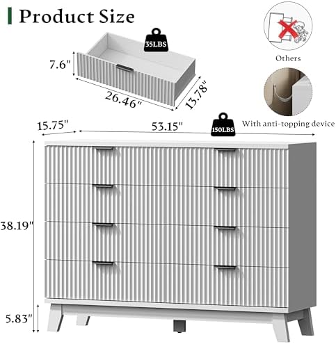 Xixini Fluted Dresser with 8 Drawers, 54" Wide Modern Chest of Drawers with Metal Handle, Wooden Dresser TV Stand, Wood Closet Clothes Storage Organizer for Bedroom, Living Room, Hallway, Solid White - Image 2