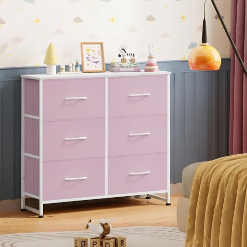 WLIVE Pink Fabric Dresser for Bedroom, 6 Drawer Dressers, Chest of Drawers - Image 2