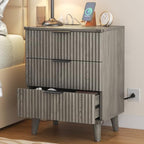 3 Drawers Nightstands Set of 2 w/Charging Station, Modern Fluted Dresser - Image 2