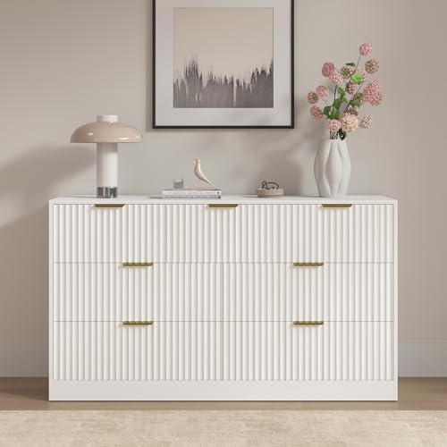 White 7 Drawer Dresser for Bedroom, 55" Wide Fluted Chest of Drawers with Gold Metal Handles, Modern Wood Dresser Closet Storage Organizer Mid Century TV Stand for Living Room Hallway - Image 6