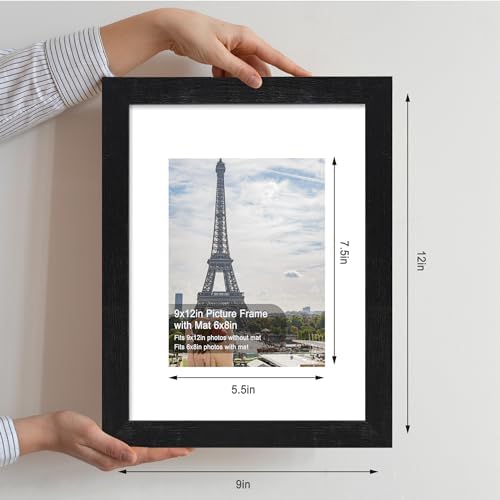 Hongkee 9x12 Picture Frame Set of 4, Made of Glass and Rustic Black Wooden Frame - Display Picture 6x8 with Mat or 9 x 12 Without Mat, 9 by 12 Photo for Wall or Tabletop - Image 2