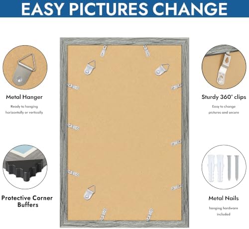 Hongkee 11x17 Picture Frame Set of 4, 11 x 17 Grey Wood Style(Mat 8x12) - Image 5