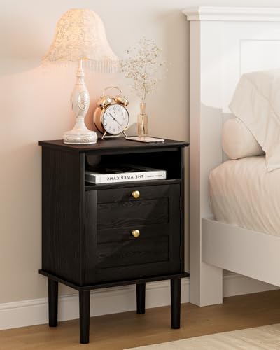 Nightstand, Boho Night Stand with 1 Drawers, Modern Side Accent Table with Open Shelf, Wooden Top Bedside End Table for Bedroom, Living Room, Black by Apetaccat