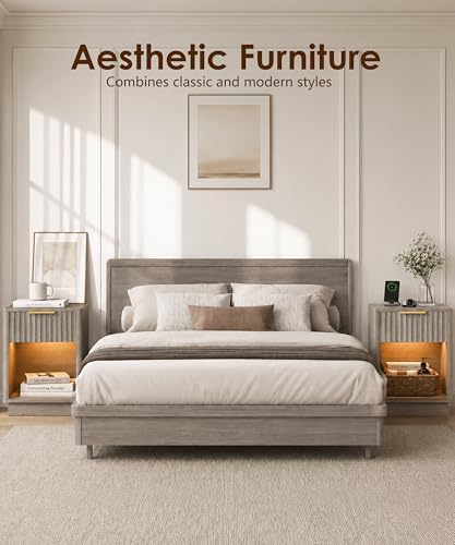 Akxomel Fluted Nightstand Set 2 Bedside Table with Charging Station Greige - Image 4