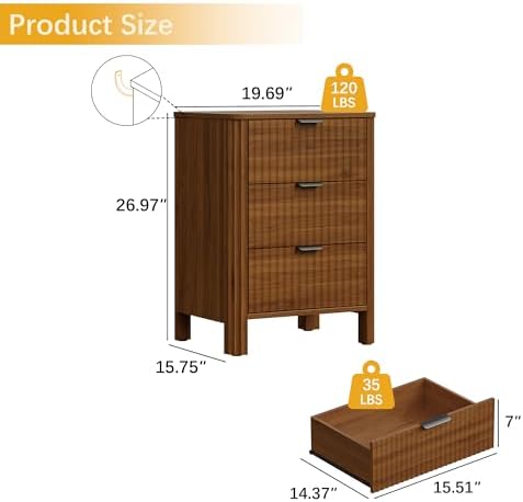 Wodeer 3 Drawer Dresser for Bedroom, 20" Wide Wood Storage Cabinet with Fluted Design, Modern Chest of Drawers for Living Room, Nursery Clothing Organizer with Metal Slides, Anti-Tipping - Image 2
