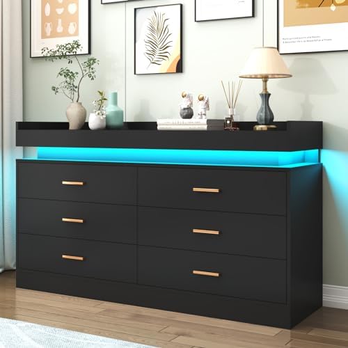 Hlivelood 6 Drawer Dresser with LED Light and Charging Station, Modern Chest of Drawers for Closet, Wide Drawer Organizer Cabinet for Bedroom, Living Room, Entryway, Hallway(Black) by Hlivelood