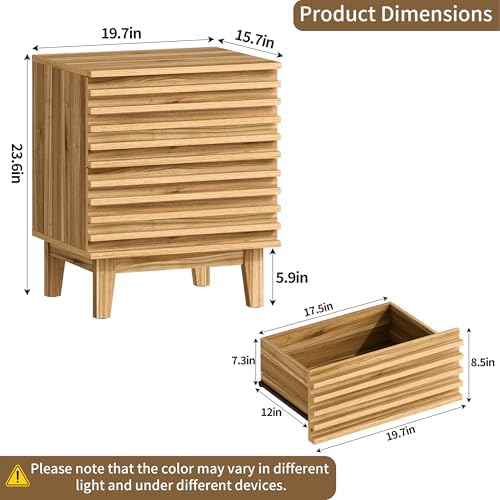 Wood Slat Nightstand, Natural Wood Textured Bedside Table with 2 Drawer Handle-Free Metal-Glide Drawer for Bedroom - Image 2