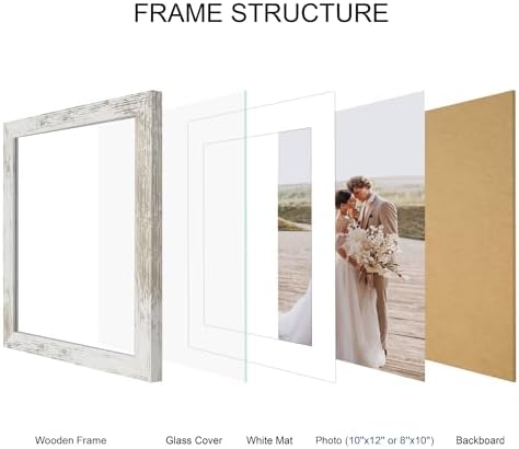Hongkee 10x12 Picture Frame Set of 4, Made of Real Glass and Distressed White Frame - Display Picture 8x10 with Mat or 10x12 Without Mat, 10 by 12 Photo for Wall Mounting - Image 3
