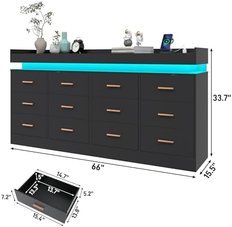 Hlivelood 12 Drawer Dresser with LED Light and Charging Station, Modern Chest of Drawers for Closet, Wide Drawer Organizer Cabinet, Living Room, Entryway, Hallway, Black - Image 2
