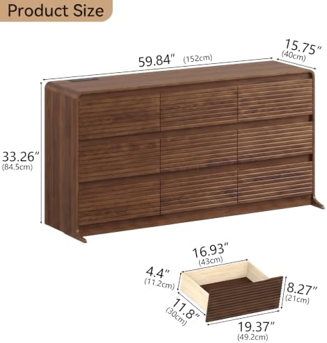 Gyfimoie Walnut Fluted 9-Drawer Dresser for Bedroom w/Power Outlet - Image 3