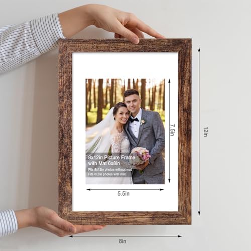 Hongkee 8x12 Picture Frame Set of 4, Made of Glass and Rustic Brown Wooden Frame - Display 6x8 Picture with Mat or 8 x 12 Poster Without Mat, 8 by 12 Photo for Wall or Tabletop - Image 2