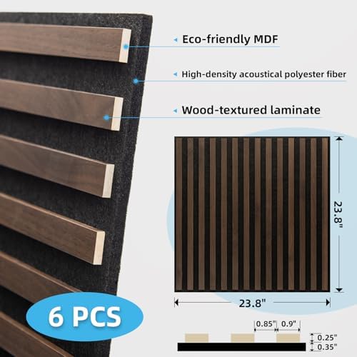 Art3d 6-Pack Acoustic Wood Slat Panel & Ceiling Tile, 2 x 2 ft, Walnut - Image 6
