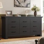 9 Drawer Dresser for Bedroom, Wood Triple Wide Dressers with Metal Handle, Dresser Chests of Drawers, Vintage Design Storage Chest Cabinet and Organizer Drawers for Closet, Hallway, Entryway, Black by KNOWORLD