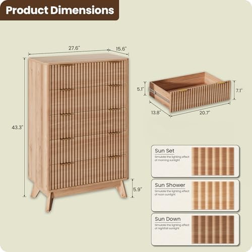 43" Hight Fluted 5 Drawers Dresser for Bedroom,Curved Edge,Oak - Image 5