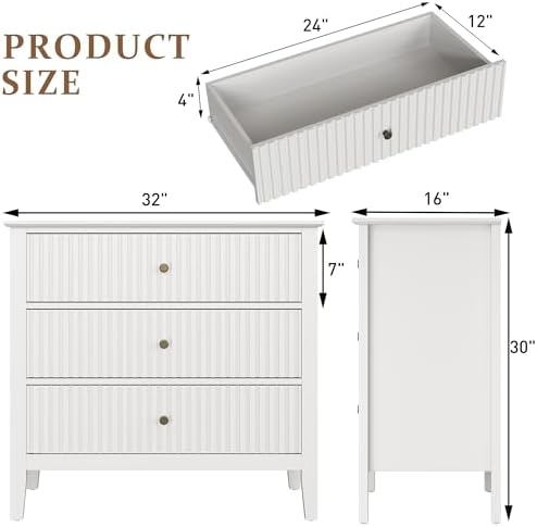 RoyalCraft White Fluted 3 Drawer Dresser, 32 inch Wide Dresser Nightstand for Bedroom, Modern Wood Chest of Drawers, Large Painted Nightstand with 3 Drawers for Closet, Hallway, Entryway - Image 2