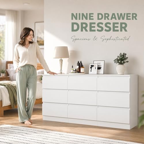 Spaco White 9 Drawer Dresser for Bedroom,Modern Long Dresser with Deep Drawer,Large Storage Chest of Drawer,Wood Bedroom Storage Organizer Furniture Drawers for Living Room - Image 4