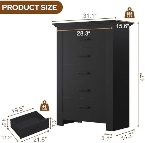 5 Drawer Dresser for Bedroom, Wood Dresser Chests of Drawers with Metal Handle, 47" Tall Vintage Design Storage Dressers for Bedroom, Cabinet Organizer Drawers for Hallway, Entryway, Closet, Black - Image 2