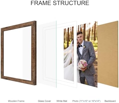 Hongkee 11x15 Picture Frame Set of 4, Made of Real Glass and Rustic Brown Frame - Display Picture 10x14 with Mat or 11x15 Without Mat, 11 by 15 Photo for Wall Mounting - Image 3