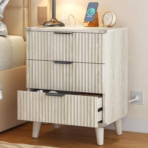 3 Drawers Nightstands Set of 2 w/Charging Station, Modern Fluted Dresser - Image 2