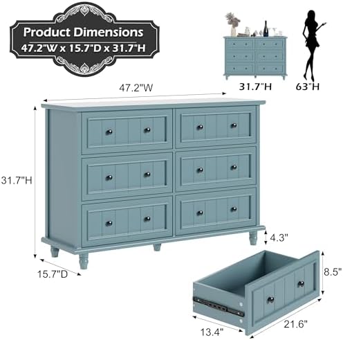 Blue 6 Drawer Dresser, Vintage Chest of Drawers, 47.2'' Bedroom Cabinet - Image 2
