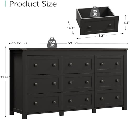 Xixini 59.1" Wide 9-Drawer Farmhouse Dresser for Bedroom, Black - Image 3