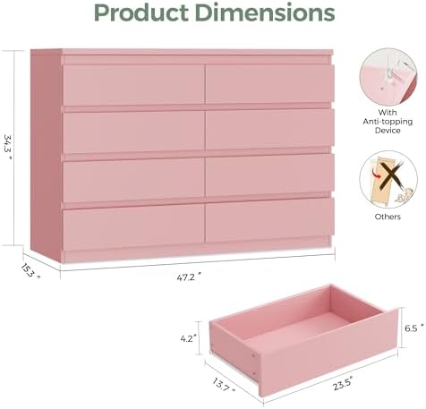 Jocoevol Pink 8 Drawer Dresser for Bedroom (15.3" D x 55.2" W x 32.3" H) - Image 2