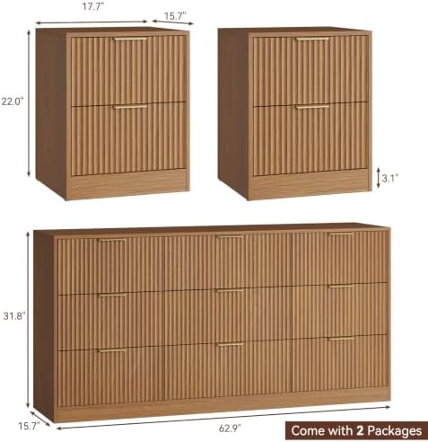 9 Drawer Dresser & 2-Drawer Nightstand Set 3-Piece, Natural Wood丨63 Wide Fluted Bedroom Dresser Set Night Stand Set of 2, Modern Wood Chest of Drawers Storage Dressers Set for Bedroom - Image 4