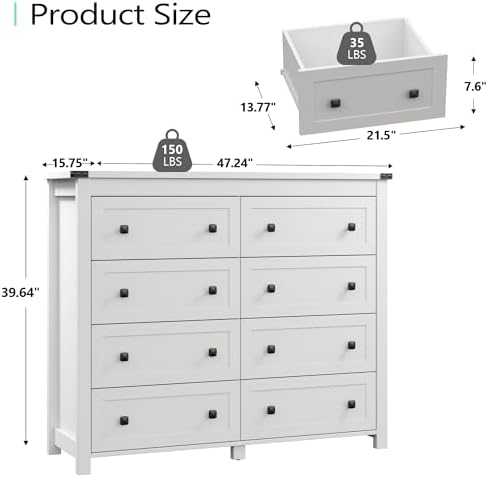 Xixini 47.2" Wide 8-Drawer Farmhouse Dresser for Bedroom, White - Image 3