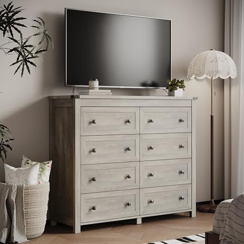 Xixini 47.2" Wide 8-Drawer Farmhouse Dresser for Bedroom, Light Grey - Image 6