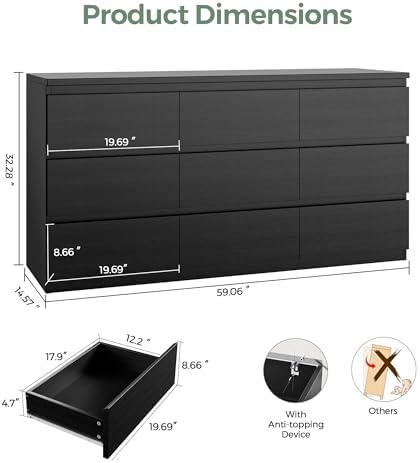 Jocoevol Modern 9 Drawer Dresser for Bedroom, Simply Chest of Drawers, Wood Storage Dresser with Deep Drawers for Living Room Hallway Entryway (Black) - Image 2