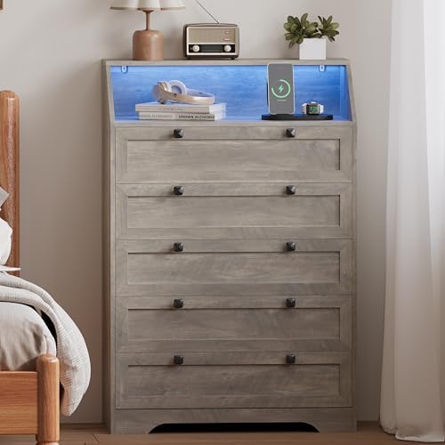 Wodeer Grey Dresser Tall 5 Drawer Dresser for Bedroom, Wood Chest of Drawers with LED Lights, Charging Station, Metal Handles, Modern Storage Cabinet and Organizer Drawers for Living Room, Hallway - Image 4
