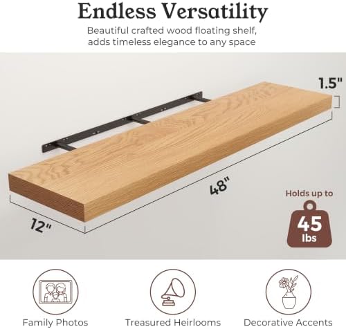 48" Natural Oak Color Floating Shelves 12inch Deep Shelf, Set of 1 - Image 2