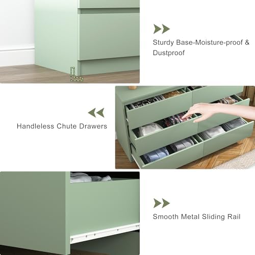 Vibe & Dine 6 Drawer Double Dresser, Modern Chest of Drawers with Wide Storage for Closet, Bedroom, Living Room (Light Green) - Image 6