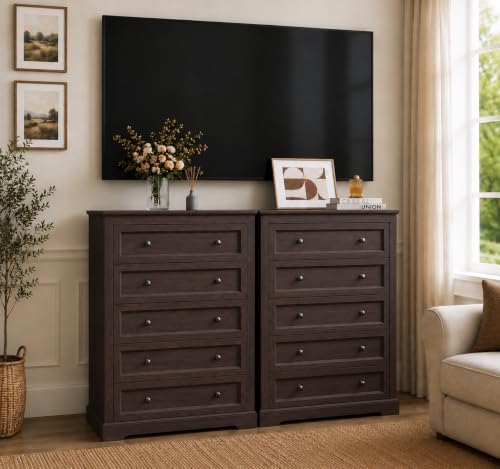LOUVIXA Farmhouse Dresser 5 Drawer, Bedroom Chest of Drawers, Dressers with 5 Drawers, Wooden Dressers for Bedroom, Living Room, Tv Stand, Entryway(Vintage Brown) - Image 4
