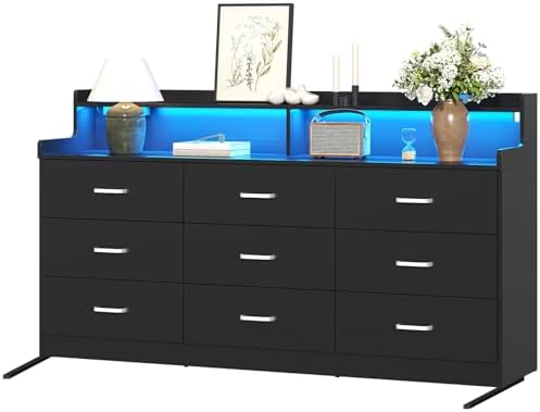 Bigbiglife 9 Drawer Dresser with Built in Power Outlet and LED Light, Modern Chest of Drawers for Bedroom, Triple Wide Drawer Organizer Cabinet for Living Room, Entryway, Hallway, Black - Image 4