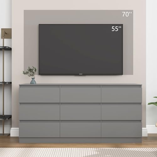 Grey 9 Drawer Dresser for Bedroom,Modern Long Dresser with Deep Drawers,Wide Storage Chest of Drawer,Wood Bedroom Storage Organizer Drawers forBedroom - Image 2