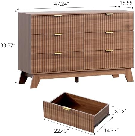 Wodeer 6 Drawer Fluted Dresser for Bedroom, Mid Century Modern Wooden Dresser with 6 Drawers, Dressers & Chests of Drawers with Metal Handle, TV Stand & Storage Organizer for Entryway, Hallway, Walnut - Image 2