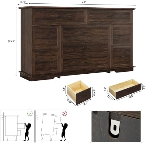 jiteentarou Farmhouse 9 Drawer Dresser for Bedroom,63” Wood Dresser & Chest of Drawers with Power Outlets,Large & Wide Dressers for Bedroom,Tall Storage Dresser Organizer(Rustic Brown) - Image 2