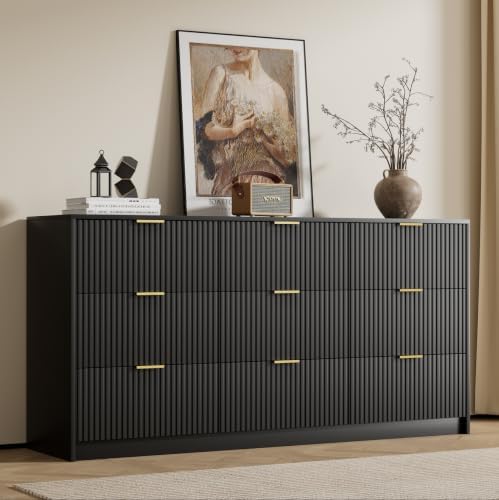 Furniway Black Dresser for Bedroom, Modern Dresser with 9 Drawers and Smooth Slides, Wide Chest of Drawers with Golden Handles for Bedroom, Living Room, Closet, 15.7" D x 63" W x 31.5" H by Furniway