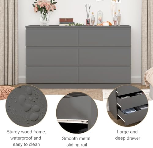 VERYKE Grey 6 Drawer Dresser for Bedroom,Chest of Drawers with No-Handle Design for Closet,Modern Wood Dresser Bedroom Storage Furniture - Image 4