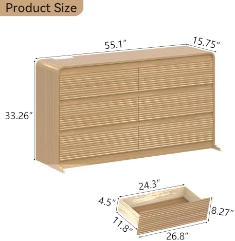 Gyfimoie 6 Drawers Dresser for Bedroom, 55" Wide Dressers & Chest of Drawers w/Curved Profile Design, Charging Station, Wood Mid Century Storage Dressers Organizer for Bedroom, Natural Oak - Image 3